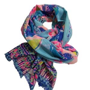 Lilly Pulitzer Resort Cotton Scarf Lightweight Fringe Shorely Blue Sandstorm